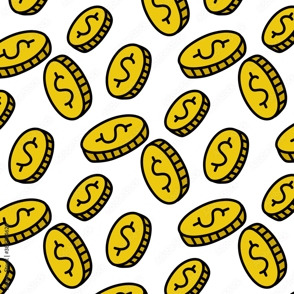 coins seamless doodle pattern, vector color illustration