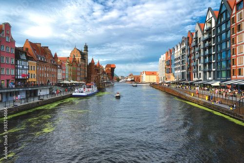 The Old Town of Gdańsk with the rebuilt Wyspa Spichrzow on the right. Poland. The photo was taken on August 20, 2020 
