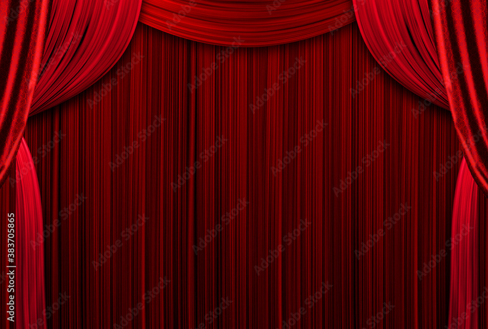 Red curtains theater scene stage backdrop. Curtain with space for copy.  show background performance concert. Open red curtains with glitter opera  or theater background. Empty scene with a red curtain. Stock Photo