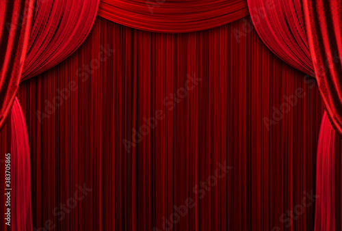Red curtains theater scene stage backdrop. Curtain with space for copy. show background performance concert. Open red curtains with glitter opera or theater background. Empty scene with a red curtain. photo