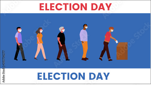 people in any race voting in election day wearing mask to protect from virus and  putting paper ballot in a queue 