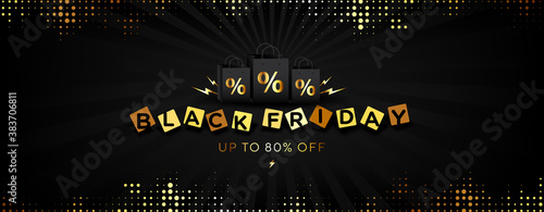 Black friday web banner. Golden bag and typography on balck abstract background. Vector illustration. 