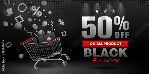 Best black friday deals. Banner design with shopping cart on black abstract background. vector illustration.