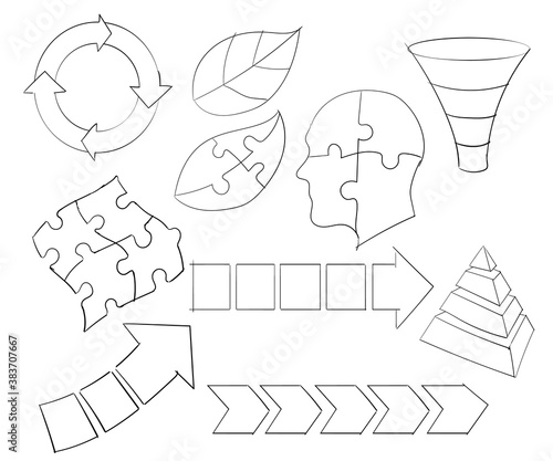 Infographic head funnel arrow process leaf pyramid puzzle set collection sketch hand drawing white isolated background color style vector design illustration