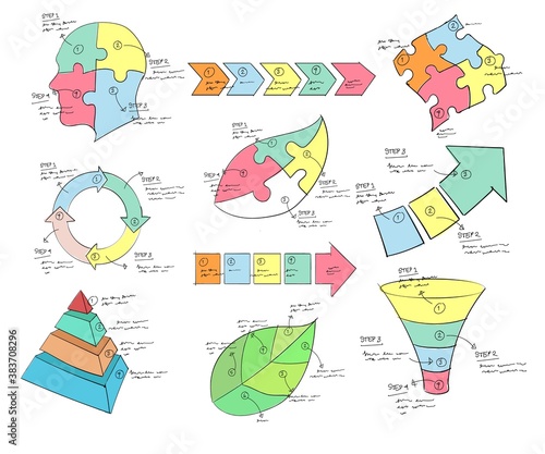 nfographic head funnel circle arrow process leaf pyramid puzzle color set collection hand drawn sketches white isolated background