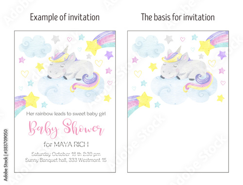 Invitation birthday unicorn, invitation party, happy birthday, baby shower. Watercolor funny unicorn. Сlouds, stars, rainbow. magic, fairy tale illustrations. Pastel colors