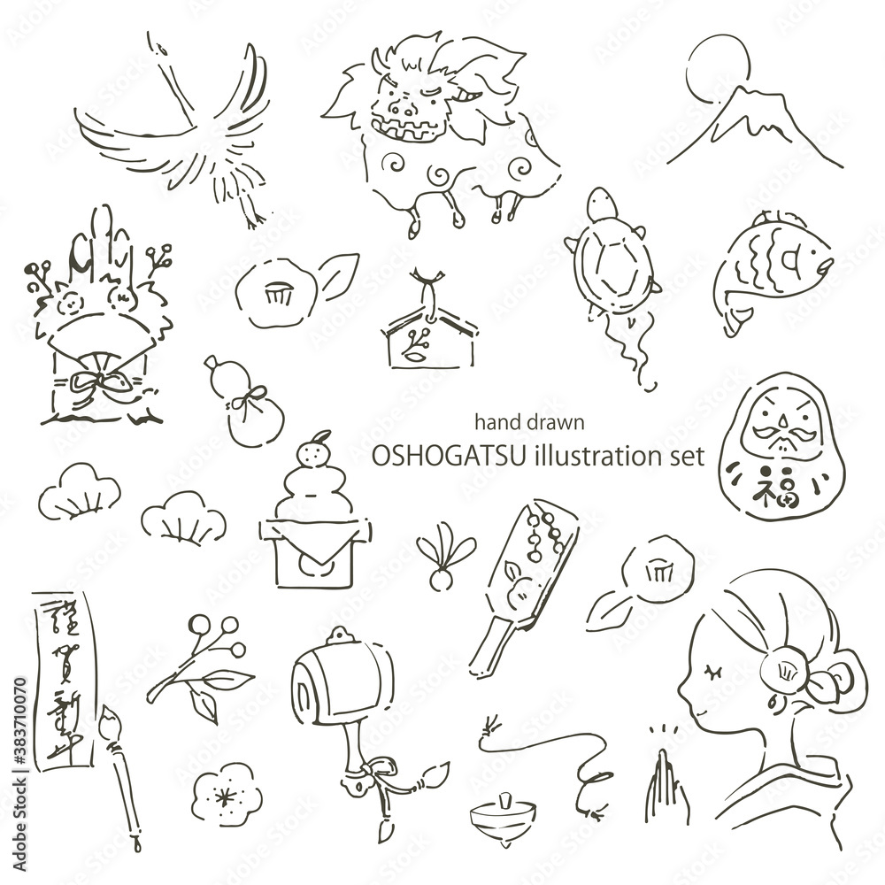 Obraz premium お正月の手描きイラストセット 線画