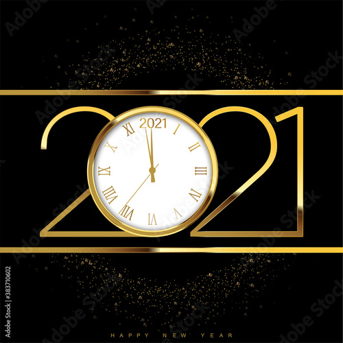 Happy New Year or Xmas card with golden text and watch. Vector
