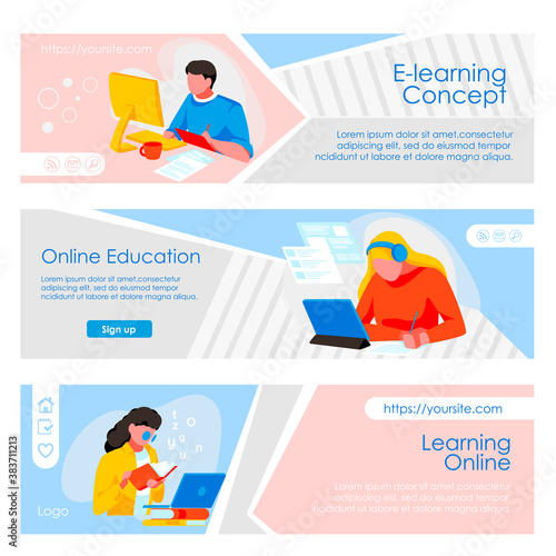 Education online web pages set. Students sitting in front of computers studying online. E-learning, educational web seminar, internet course, digital library flat vector illustration