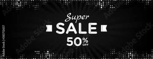 Discount sale banner on black abstract background with halftone dot. Vector Design.