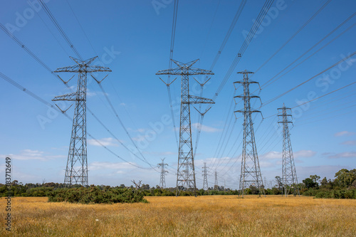 Powerlines in a field in Melbourne, Australia