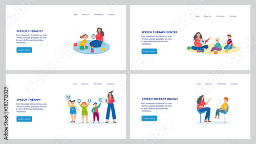 Online speech therapy center - website banner set with cartoon child