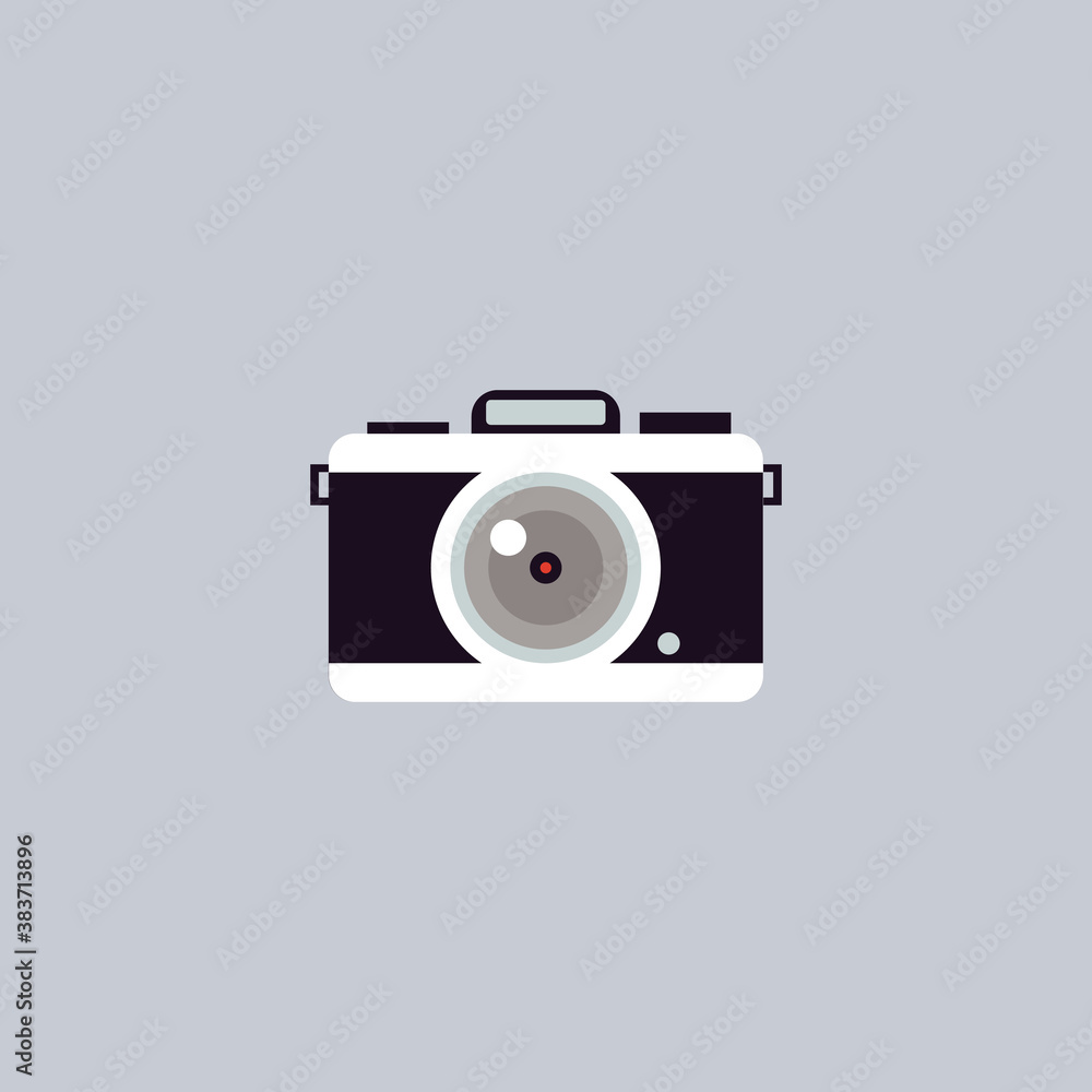 Retro photo camera with big lens cartoon flat vector illustration isolated.