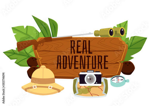 Real adventure inscription wood desk, flat cartoon vector illustration isolated