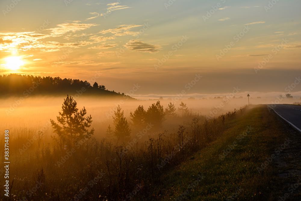 Sunrise, in the foreground the road passing through the field is covered with a thin layer of fog