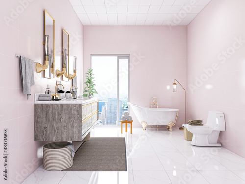 The bright and clean bathroom has bathtub  washstand and so on