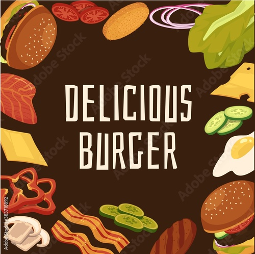Banner with delicious burger text and food ingredients flat vector illustration.