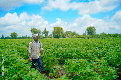 indian farmer spraying pesticide at cotton field © PRASANNAPIX