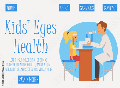 Landing page for children eye health check-up flat vector illustration.