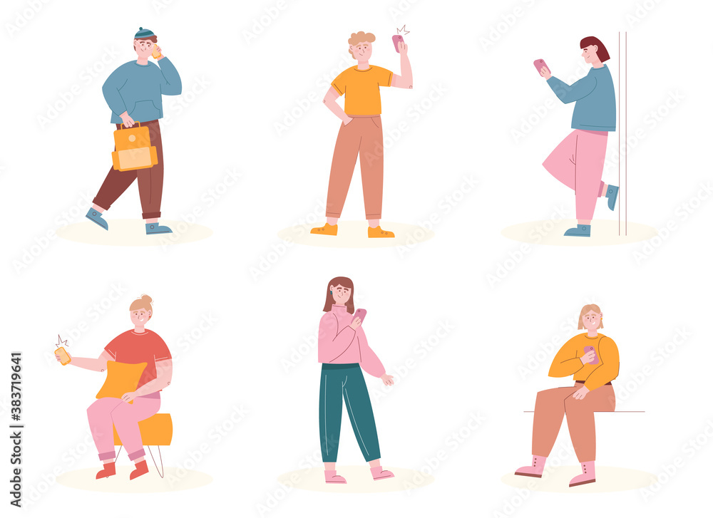 Fototapeta premium Man and woman characters using mobile phone in different situations. Vector illustration set of young people with smartphones. Happy girls and boys using phones. Pupils stay online in school