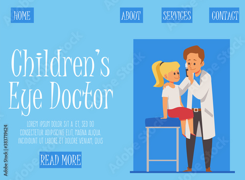 Vector illustration of treatment of girl by kids eye doctor a landing page template