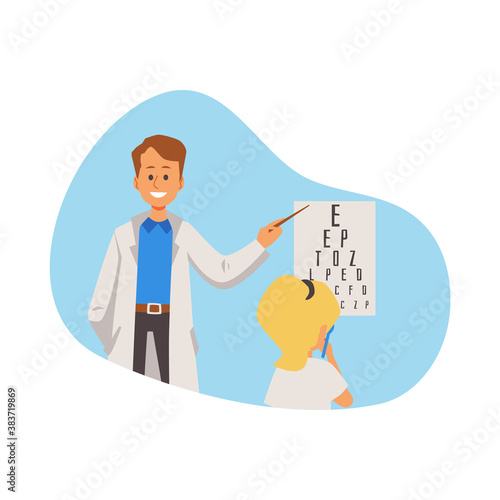 Examination of child in ophthalmologist medical office a vector flat illustration