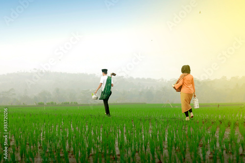 couple walking in the field at village in Indonesia Country