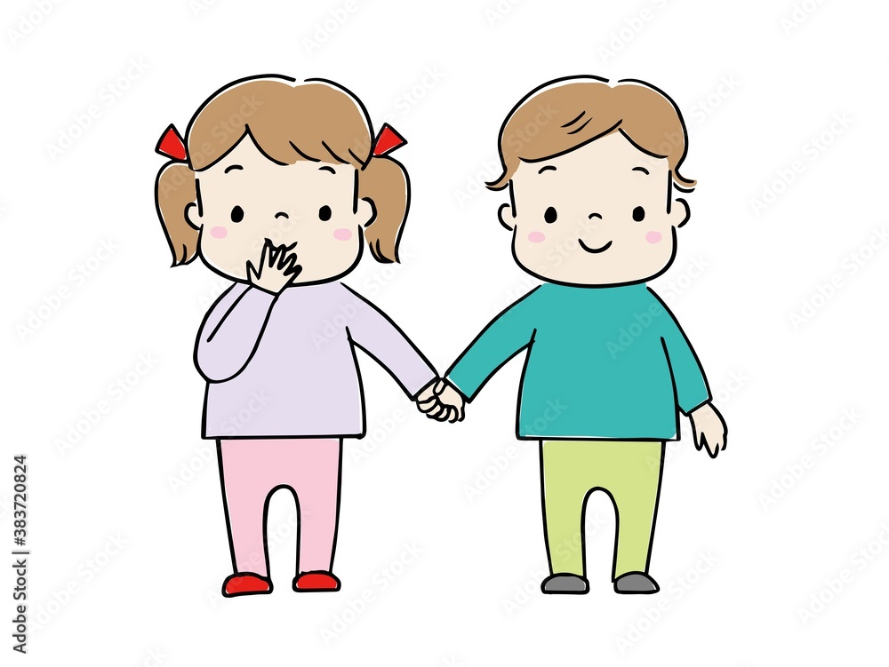 仲良く手をつなぐ男の子と女の子　仲良しな子供たち