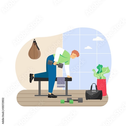 Fitness gym. Young man doing triceps exercises with dumbbells, flat vector illustration. Sport and healthy lifestyle.