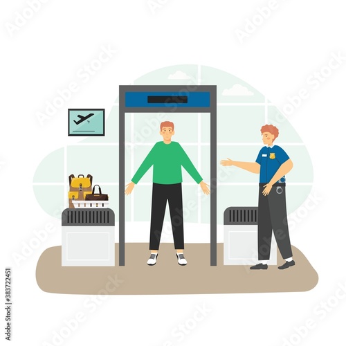 Airport security check point, passenger and baggage screening procedures, flat vector illustration.
