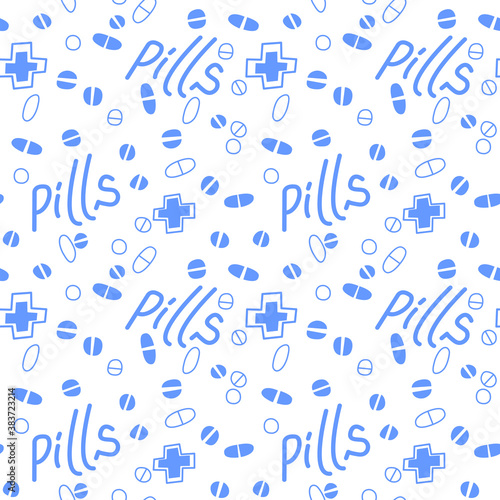 Seamless pattern with medicines, capsules, medicaments, drugs, pills and tablets. Medical pharmacy backgrounds and textures. Vector EPS10 illustration in doodle style