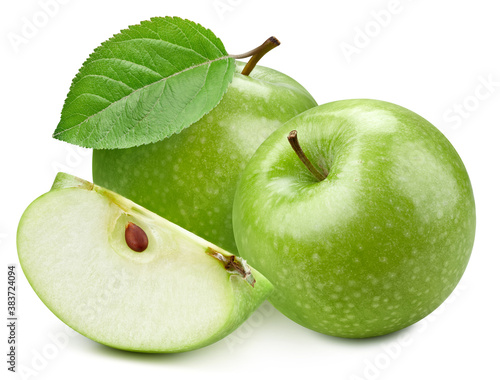Two green apple and slice with green leaf clipping path. Organic fresh apple isolated on white. Full depth of field