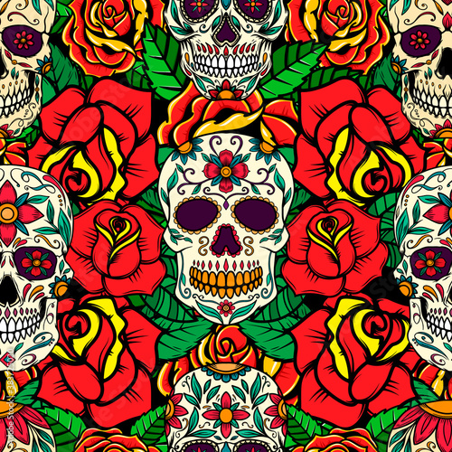 Seamless pattern with sugar skulls and roses. Design element for poster, card, banner, t shirt. Vector illustration