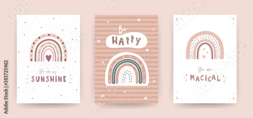Trendy rainbows in boho style in pastel color. Set of different posters. Children illustrations for post card. Doodle art elements. Modern vector illustration.
