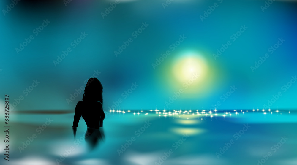 Beautiful seascape, female silhouette. Girl and water surface. Woman standing in sea or ocean, dark night. Vacation in tropical. Full moon, nightlife bathing. Vector illustration