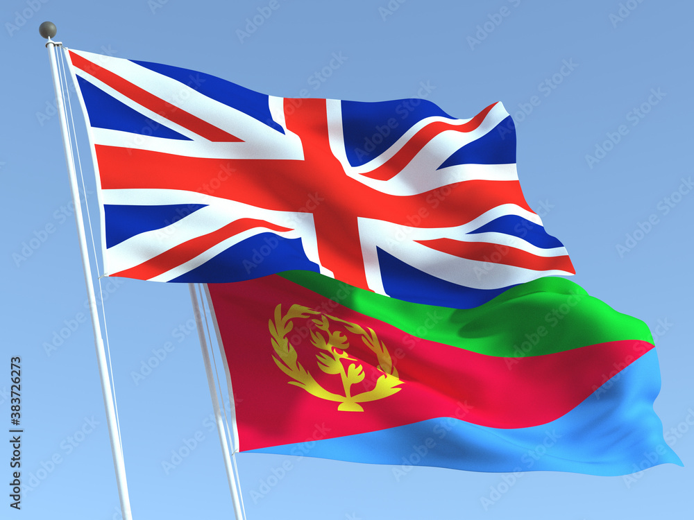 The flags of United Kingdom and Eritrea on the blue sky. For news, reportage, business. 3d illustration The flags of United Kingdom and Eritrea on the blue sky. For news, reportage, business. 3d illustration