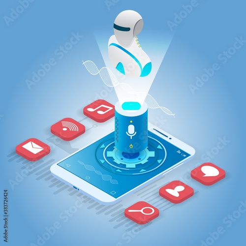 Isometric smartphone with voice controlled digital robot assistant, vector illustration. Ai chatbot. Soundwave intelligent, voice recognition technologies.