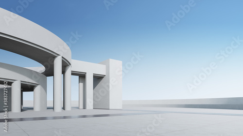 Empty concrete floor for car park. 3d rendering of abstract white curved building with blue sky background.