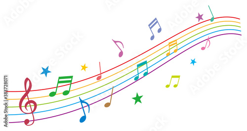 カラフルな音符と五線譜のイメージイラスト