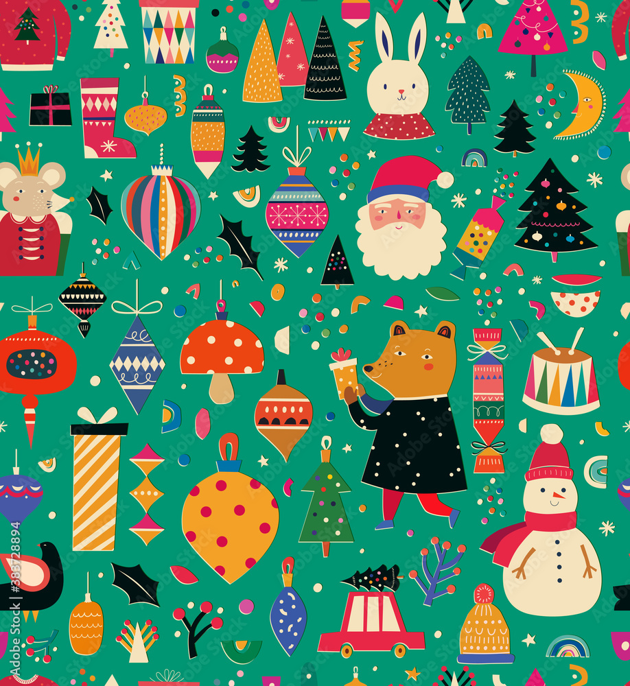 Fototapeta premium Vintage Christmas vector seamless pattern with Santa Claus, Christmas tree, King Mouse, Snowman and Christmas toys, gifts and Bear