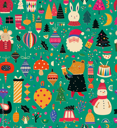 Vintage Christmas vector seamless pattern with Santa Claus, Christmas tree, King Mouse, Snowman and Christmas toys, gifts and Bear