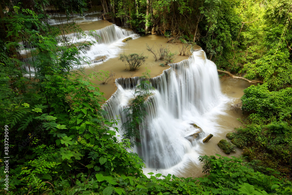 Landscape of Huai Mae Kamin waterfall Srinakarin at Kanchanaburi, Thailand. Travel trip on holiday and vacation background, tourist attraction.
