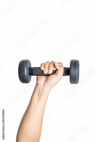 Hand holding black dumbbell as fitness conceptual isolated on white background. This photo can be used for sport or body concept.