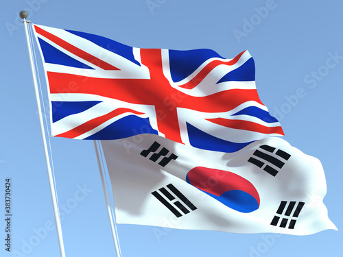 The flags of United Kingdom and South Korea on the blue sky. For news, reportage, business. 3d illustration