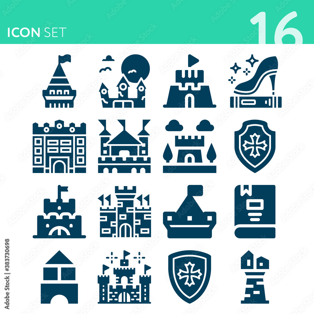 Simple set of 16 icons related to fortress