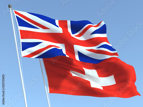 The flags of United Kingdom and Switzerland on the blue sky. For news, reportage, business. 3d illustration