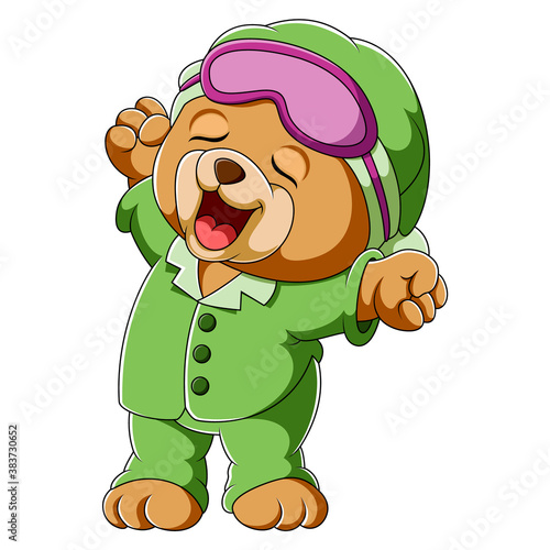 Baby bear waking up yawning and stretching
