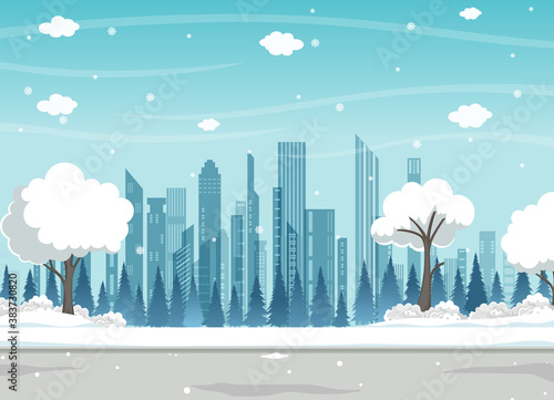 winter city park with snow and modern city background
