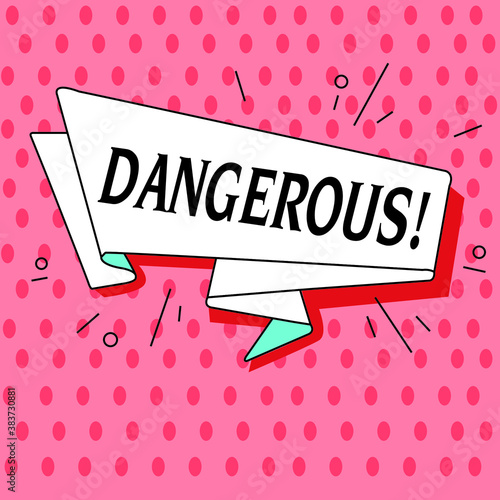 Ribbon banner with text Dangerous for emotion, blame and curiosity. Retro hand drawn design element for banner, advertising, poster in pop art style on dot colorful background. Vector Illustration
