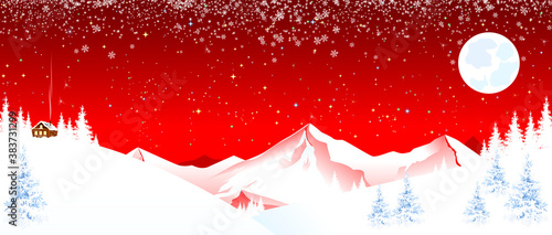 Mountain landscape winter night Christmas. Winter night. Snow, forest, mountains. Shining stars, moon and snowflakes in the night sky. Small house on the mountain. Mountain winter landscape. Red